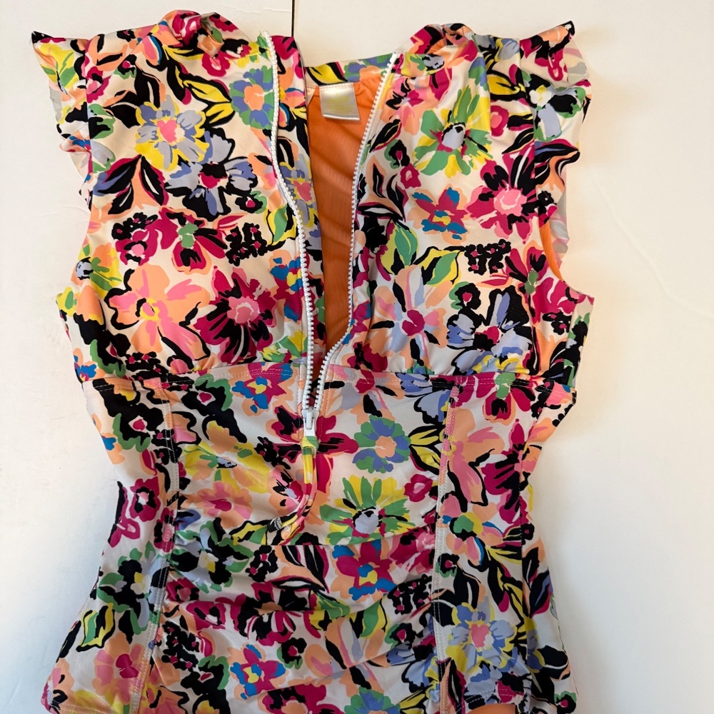 Anne Cole Sun Blossom Flutter Sleeve Zip Up One Piece Swimsuit Size 8 - Picture 4 of 14